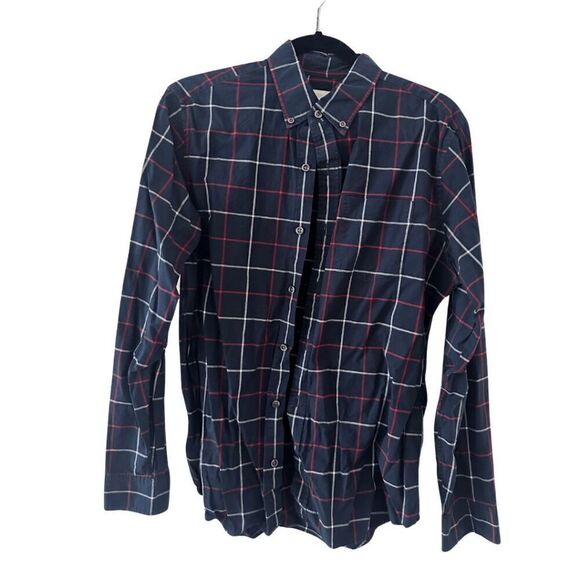 GAP Mens Navy Blue Red Plaid Standard Fit Stretch Button Up Shirt Size Small - Picture 1 of 5